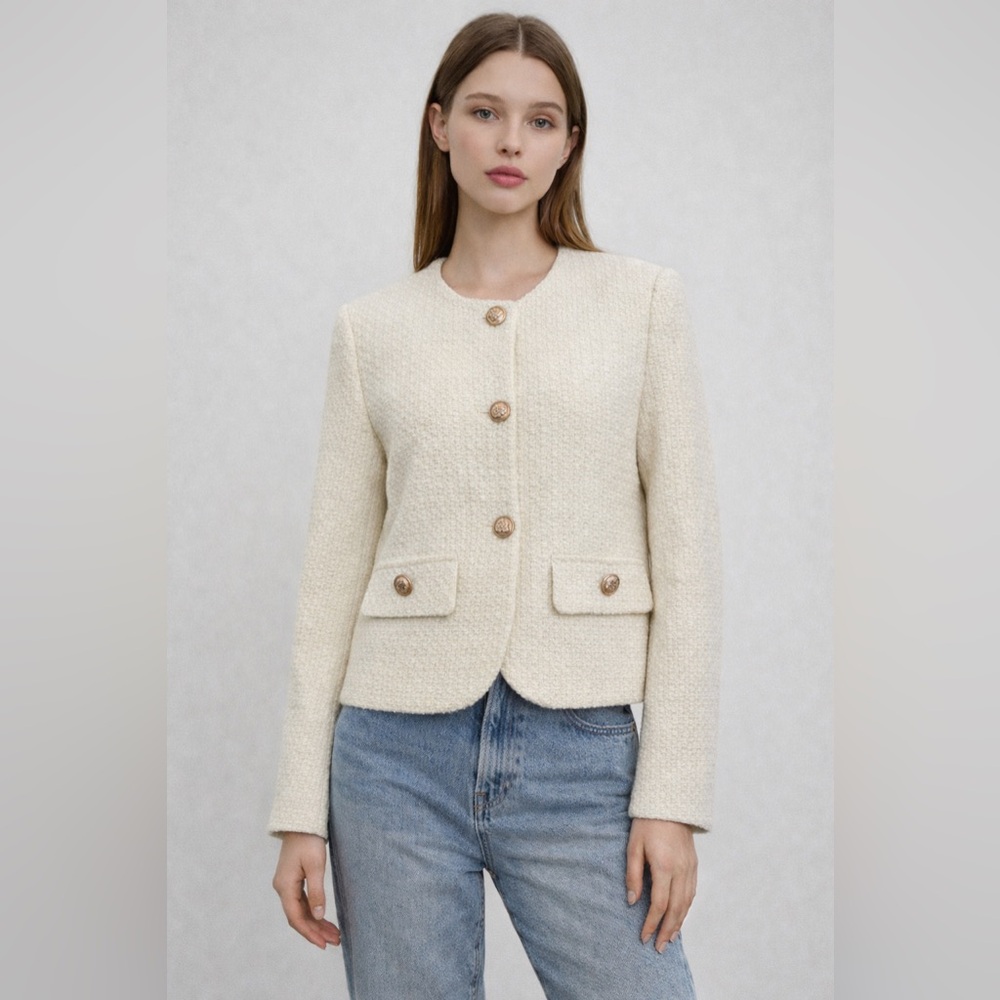 URBAN REVIVO || Chic Cream Women's Cropped Blazer with Gold Buttons. Sz. XL - Picture 2 of 16